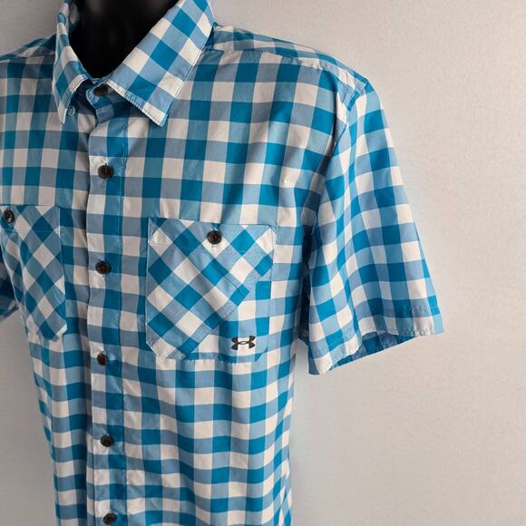 Under Armour HeatGear Men’s XL Blue Gingham Check Short Sleeve Button-Up shirt - Picture 2 of 10